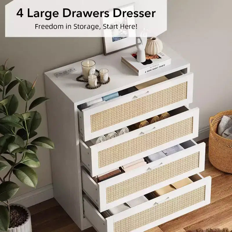 Zstar Modern Tall Rattan 4 Drawer Dresser or Living Room, Hallway, Entryway, Bedroom