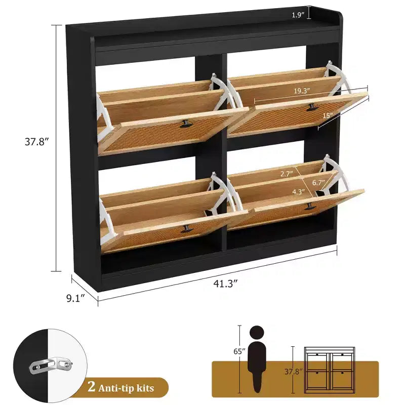 Meuble à Chaussures avec 4 Tiroirs Basculants, Meuble à Chaussures en Bois avec Portes en Rotin et Étagères Réglables - Organisateur de Chaussures Autonome