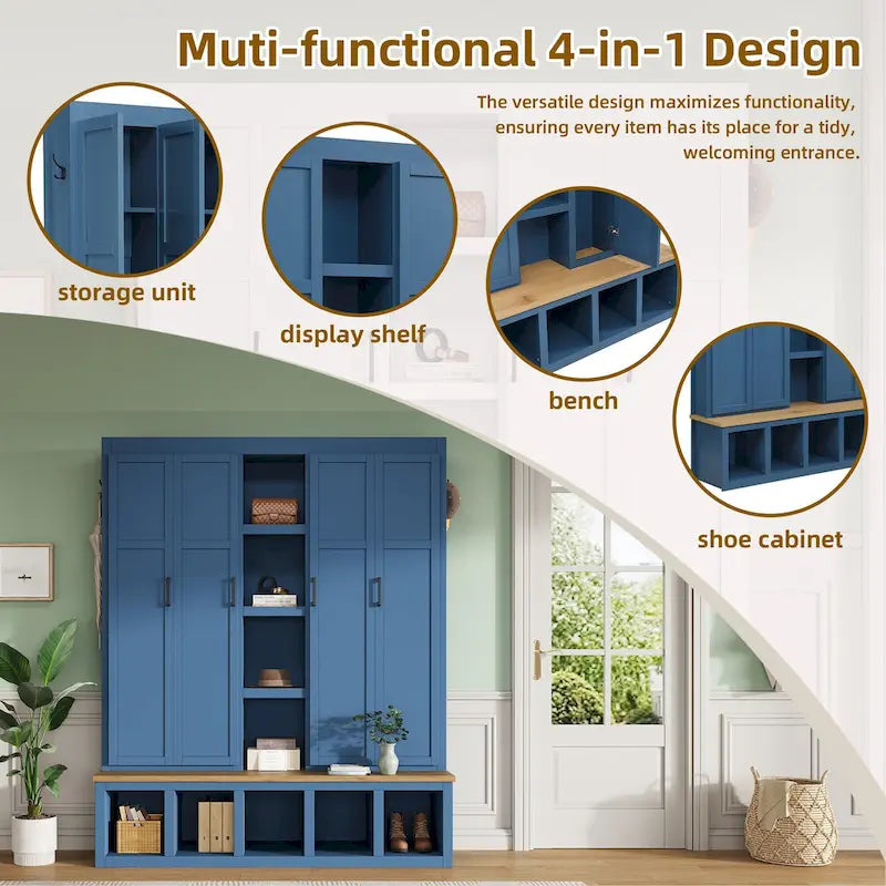 Black / White / Blue Farmhouse Hall Tree with Shoe Cabinet, Bench, Hooks and Open Shelves for 1窶・ Person
