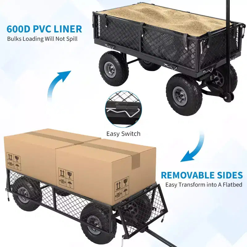 Heavy Duty Steel Garden Cart Wagon, 500 Lbs, Folding Utility Wagon with Removable Mesh Sides & Liner, 10 Pneumatic Tires, Pull Handle
