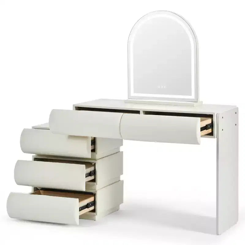 Whisen Luxury Makeup Vanity Desk, Dressing Table Vanity with Mirror, Movable Side Cabinet, 6 Drawers Storage and Stool