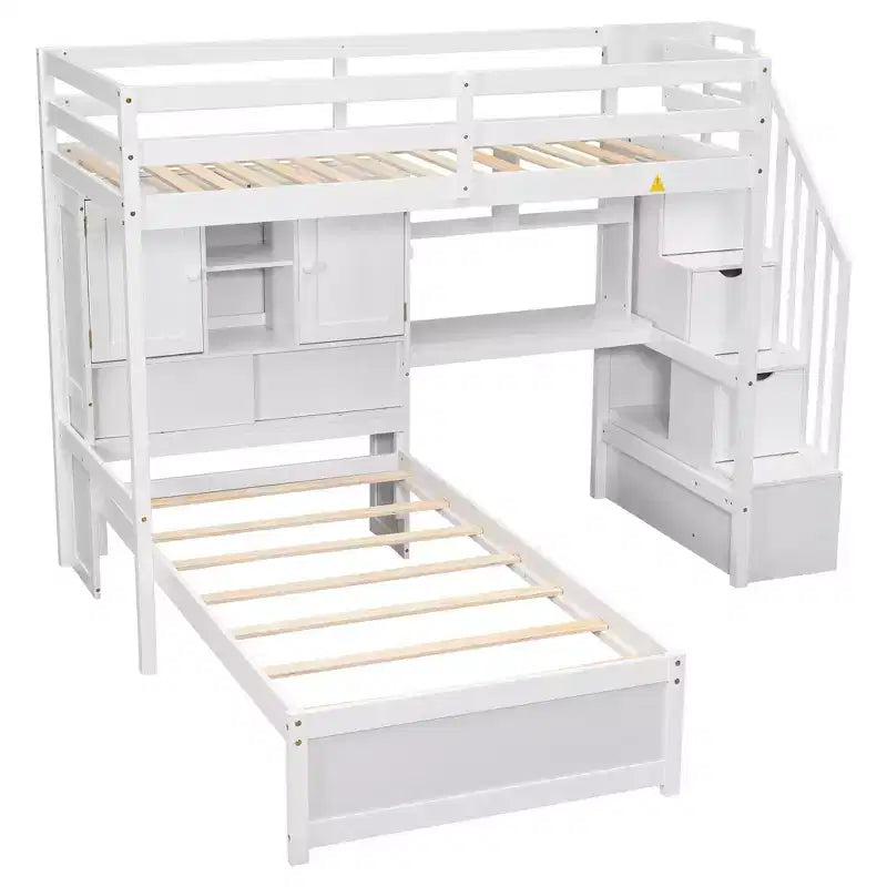 Wood Twin Size Bunk Bed with Desk and Staircase, L-Shaped Twin over Twin Loft Bed with Storage Compartments and Shelves