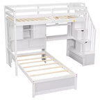 Wood Twin Size Bunk Bed with Desk and Staircase, L-Shaped Twin over Twin Loft Bed with Storage Compartments and Shelves