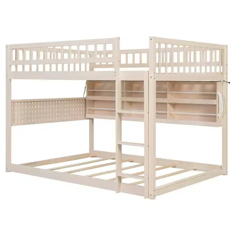 Full Over Full Modern Low Bunk Bed with Storage Lighted Shelves and Pegboard
