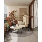 Oversize Wicker Egg Chair with Ottoman - Egg Shaped Lounge with Thick Cushion, Comfy Egg Rattan Seat, Indoor Outdoor Use, for Patio Porch Backyard