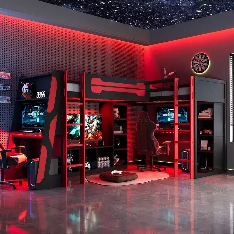 L-Shaped Gaming Loft Bed with Desks, Double Twin Loft Beds with LED Lights, USB Ports, Storage Bookshelves, Wood Corner Loft Bed for 2