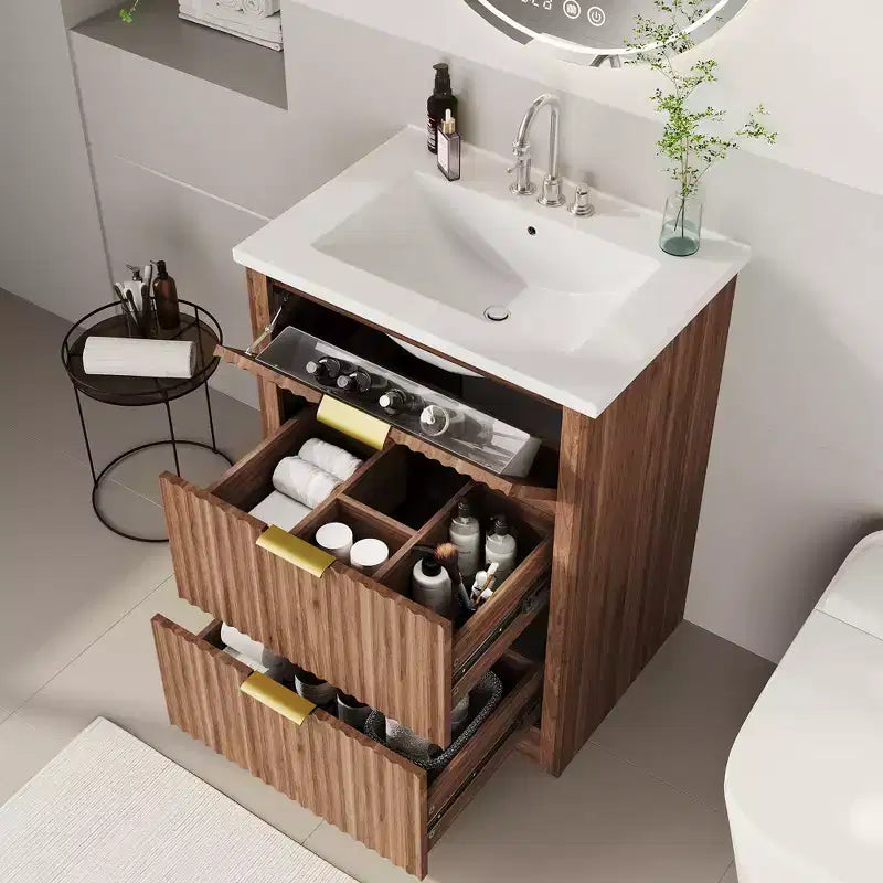 Modern Fluted Bathroom Vanity Set with Integrated Ceramic Basin Freestanding Bathroom Storage Vanity Cabinet with 3 Drawers for Contemporary Bathroom