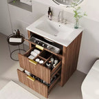 Modern Fluted Bathroom Vanity Set with Integrated Ceramic Basin Freestanding Bathroom Storage Vanity Cabinet with 3 Drawers for Contemporary Bathroom