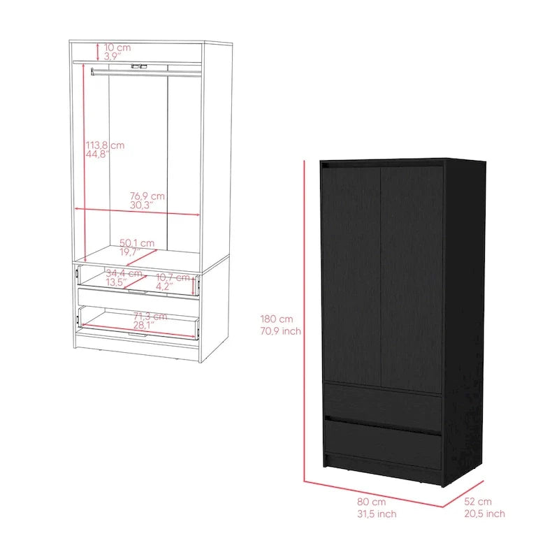 20.47  Modern Double-door Armoire with Hanging Rod and Two Drawers for Bedroom