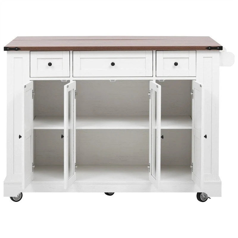 Kitchen Island w/Drop Leaf, 3 Drawers & 5 Open Side Racks, Rolling Kitchen Cart w/ 2 Tempered Glass Cabinet Doors & Power Outlet
