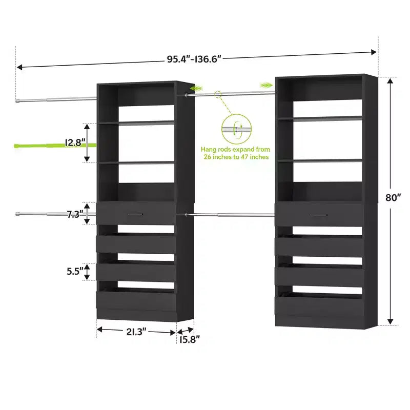 Besiost Closet System with 8 Wooden Drawers and 4 Hanging Rods