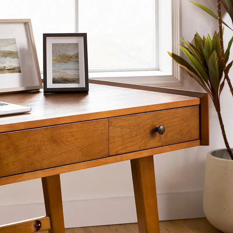Mid-century Office Desk with Drawer Divider&Cable Management&Charging Station