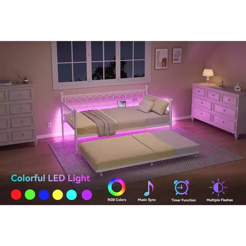 Twin Daybed with Trundle,with Charging Station & LED Lights,Metal Sofa Bed Frame with Pull Out Trundle for Living Room,Bedroom,Guest Room,Apartment