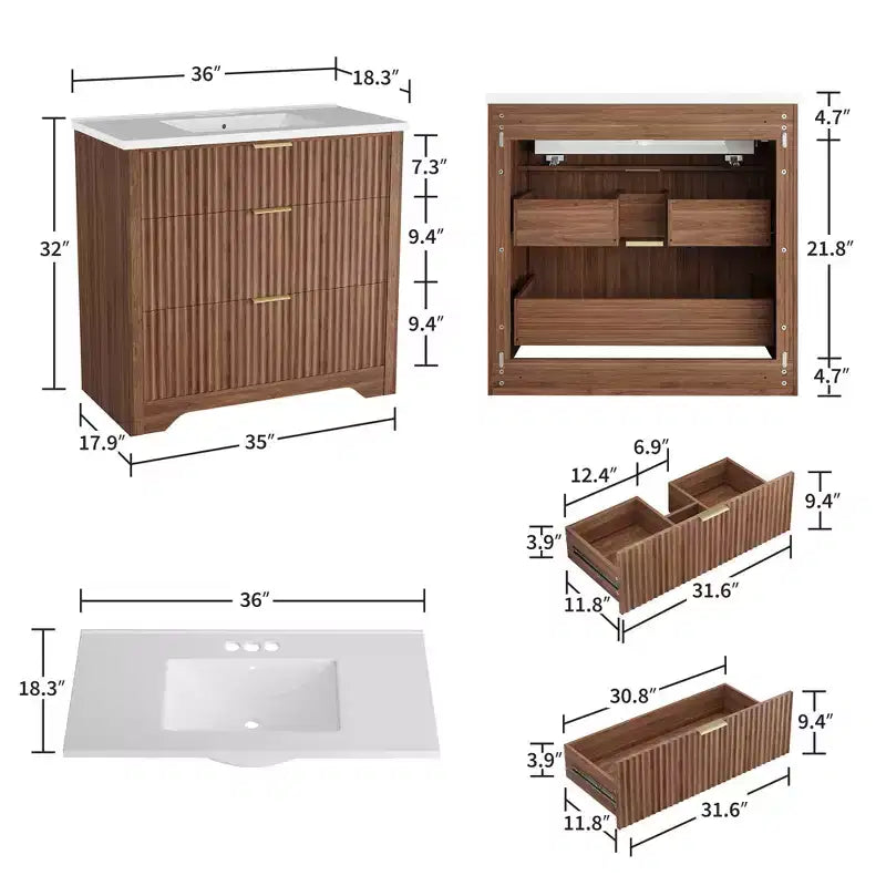 Modern Fluted Bathroom Vanity Set with Integrated Ceramic Basin Freestanding Bathroom Storage Vanity Cabinet with 3 Drawers for Contemporary Bathroom