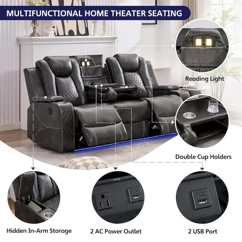 Power Reclining Sofa with Wireless Charger,Reading Light for Living Room,Faux Leather LED Light,AC/USB Port,Cup Holder,Black