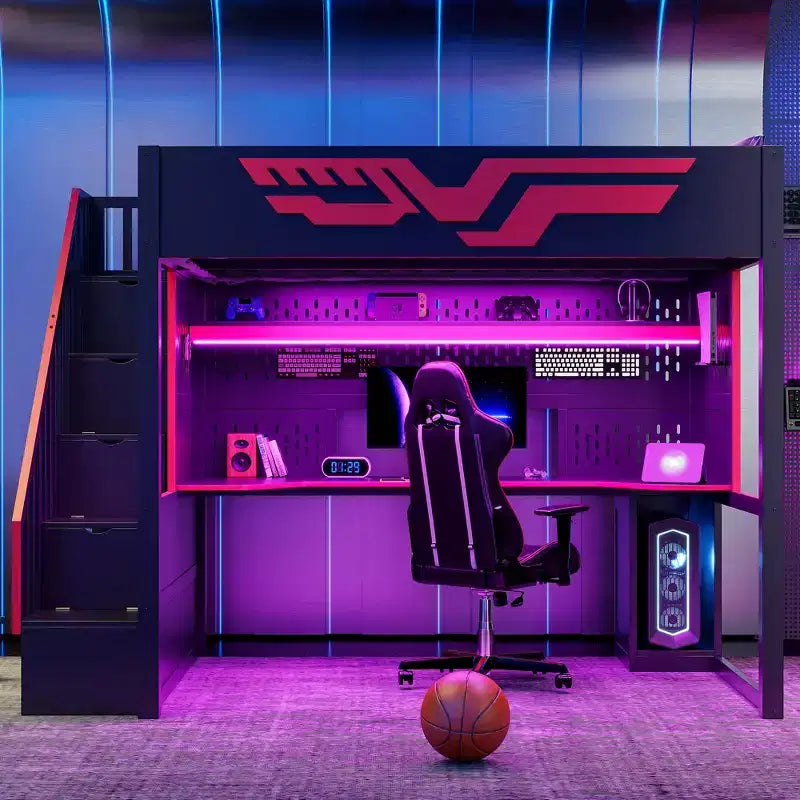 Full Gaming Loft Bed with Desk and LED Light, Wood Full Size Stairway High Loft Bed and Storage Staircase and USB, Red+Black