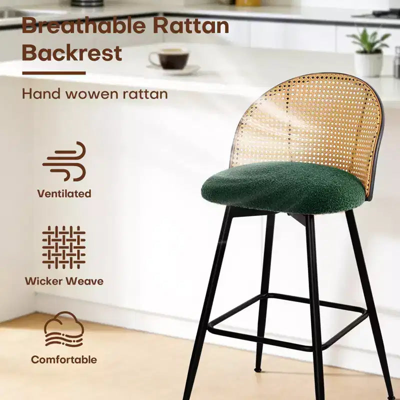 Bekrvio 26 Mid-Century Modern Swivel Bar Stools Set of 2/3/4, Boucle Upholstered Bar Chairs with Rattan Back & Metal Legs for Kitchen Counter
