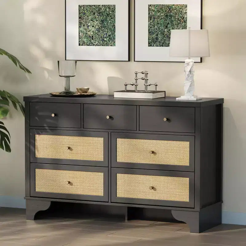 7 Drawer Dresser for Bedroom, 47.3 Wide Natural Rattan Chest of Drawers, Wood Boho Clothing Storage Organizer, for Living Room