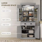 71 Kitchen Pantry Cabinet with LED Lights, 6 Door Shelves, a Drawer and 4 Adjustable Shelves
