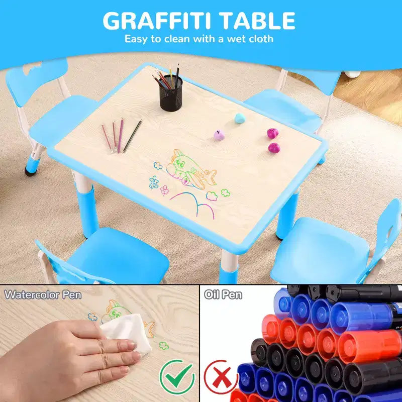 Children's table and 4 chairs, height-adjustable, doodle tabletop, multifunctional children's table and chair set for reading, drawing, dining