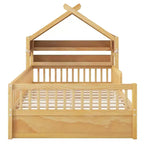 ModernLuxe Twin/Full Size Wooden House Bed with Storage Headboard, Solid Pine Kids Bed Frame with Guardrails