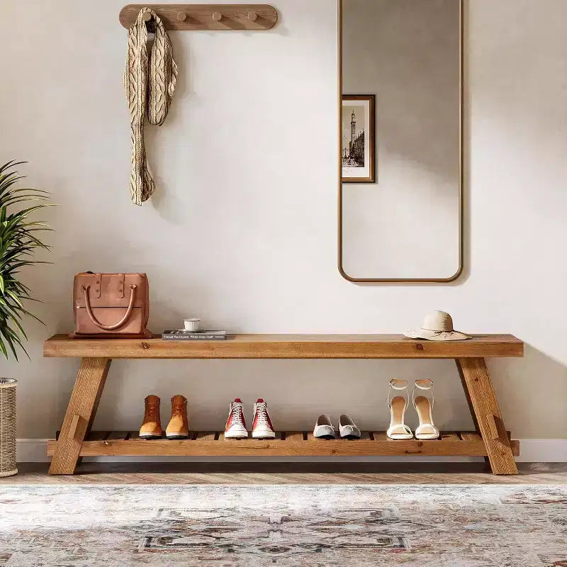 Lantine 63 Solid Wood Shoe Storage Bench , Farmhouse Entryway Bench with Storage Shelf, Dining Bench for Entryway, Bedroom, Mudroom, Rustic Brown