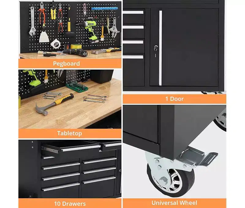 61-Inch 10-Drawer Rolling Tool Chest & Garage Workbench with Power Strip, Solid Rubber Wood Top, 1675 LBS Load Heavy Duty Mobile Workstation Cabinet