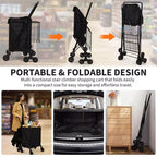 Heavy Duty Stair Climbing Shopping Cart - 360 Swivel Tri-Wheels, Waterproof Liner,135LBS,Folding Carbon Steel Trolley for Laundry, Groceries