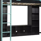 L-Shaped Gaming Loft Bed with Desks, Double Twin Loft Beds with LED Lights, USB Ports, Storage Bookshelves, Wood Corner Loft Bed for 2