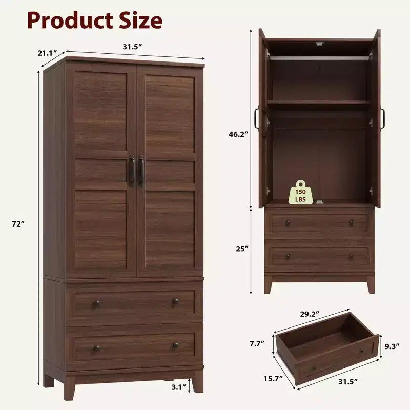 Armoire Wardrobe Closet with 2 Drawers, 72 Wooden Wardrobe Cabinet with Hanging Rod, Tall Clothing Armoire Cabinet with Doors