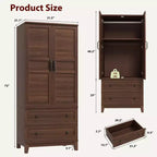 Armoire Wardrobe Closet with 2 Drawers, 72 Wooden Wardrobe Cabinet with Hanging Rod, Tall Clothing Armoire Cabinet with Doors