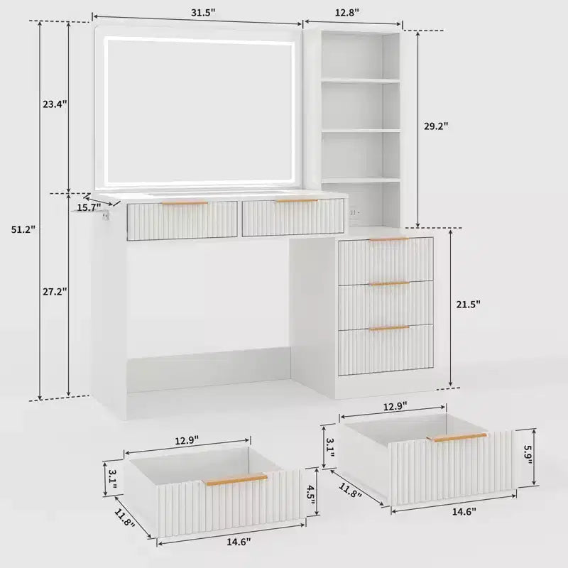 Vanity Desk with Mirror, 5 Drawers Glass Top Hairdryer Rack Wave Texture Makeup Table for Bedroom