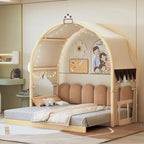 Solid Wood Playhouse Platform Bed Floor Montessori Bed Frame with Arched Roof and Trundle for Girls and Boys