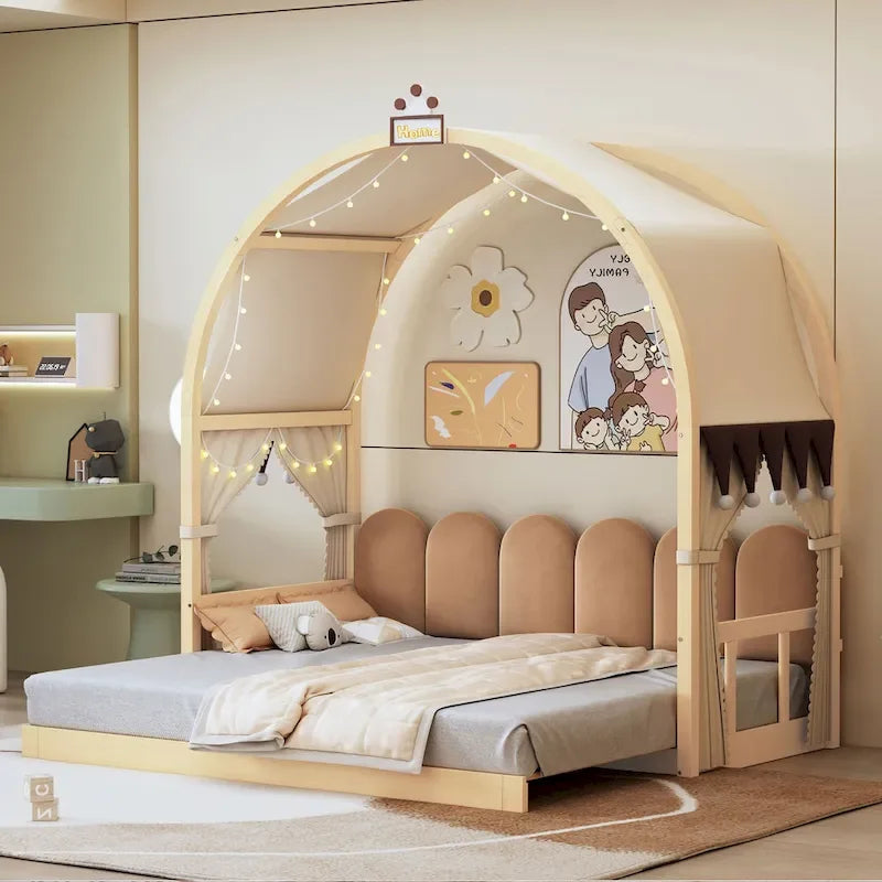 Solid Wood Playhouse Platform Bed Floor Montessori Bed Frame with Arched Roof and Trundle for Girls and Boys