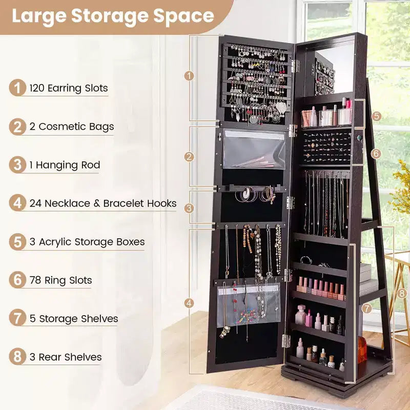 Costway Armoire à bijoux rotative à 360° 2-en-1 Organiseur miroir verrouillable Blanc/Noir/Marron foncé/Gris/Bleu/Rose/Violet/Gris foncé