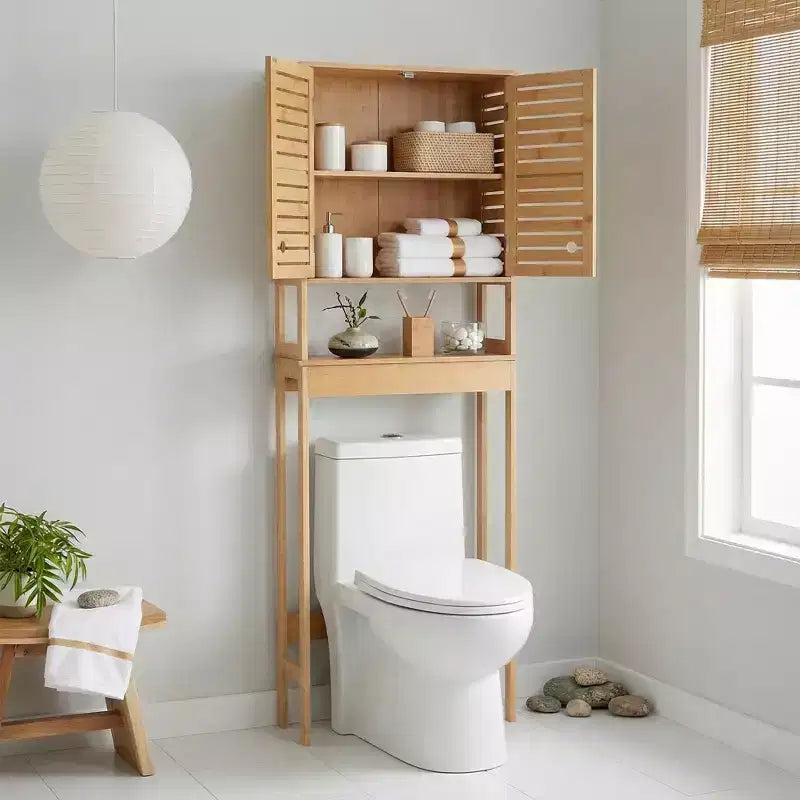 Evideco French Home Goods Over The Toilet Storage Cabinet with Double Vented Doors and Open Shelf, Natural - Trinidad Collection