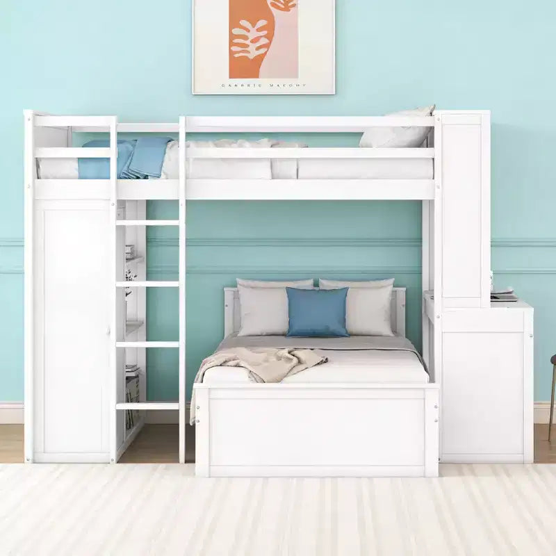Luxystar Full over Twin L Shaped Bunk Bed with Desk, Bookcase and Wardrobe