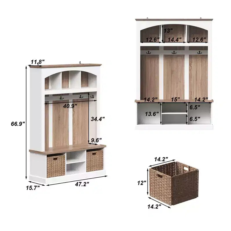 White and Oak Entryway Storage Bench with Hooks, Shelves, and 2 Woven Baskets Hall Tree