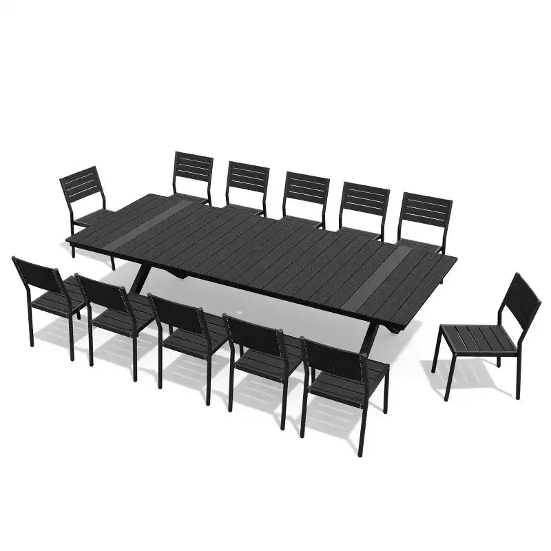 13PCS Extra Large Patio Dining Set X-Style Legs Stackable Chairs Wood Look Finish Table with Umbrella Hole