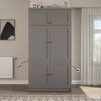 Tall Kitchen Pantry Cabinet with Power Outlets, Large Freestanding Cupboard with Microwave Stand, Drawers, Shelves, Wine Racks & Door-Shelf