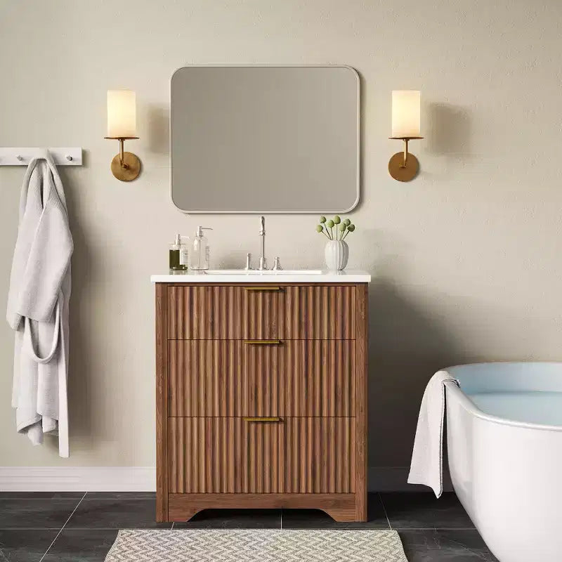 Modern Fluted Bathroom Vanity Set with Integrated Ceramic Basin Freestanding Bathroom Storage Vanity Cabinet with 3 Drawers for Contemporary Bathroom
