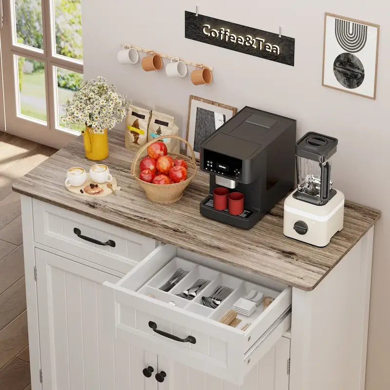 Buffet de cuisine avec 2 tiroirs, meuble de rangement, console de café, meuble d'entrée en bois avec placard à double porte