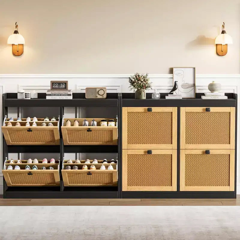Meuble à Chaussures avec 4 Tiroirs Basculants, Meuble à Chaussures en Bois avec Portes en Rotin et Étagères Réglables - Organisateur de Chaussures Autonome