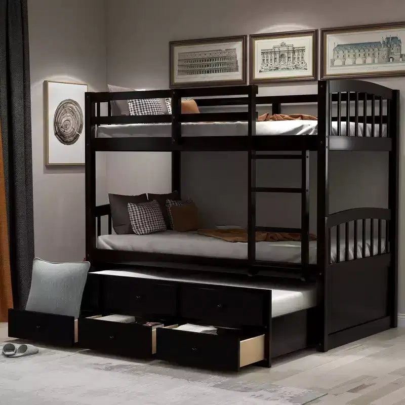 Lit superposé double avec échelle, barrière de sécurité, lit gigogne double avec 3 tiroirs pour chambre d'adolescent, meubles de chambre d'amis