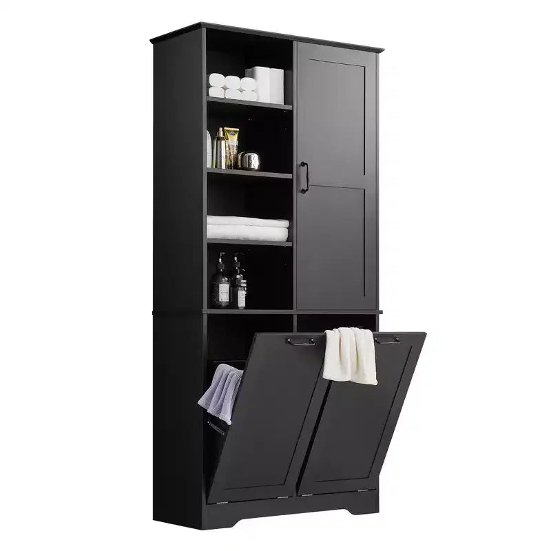 Bathroom Storage Cabinet with Doors and Drawers Tilt-Out Laundry Hamper Multiple Storage Space Freestanding Style