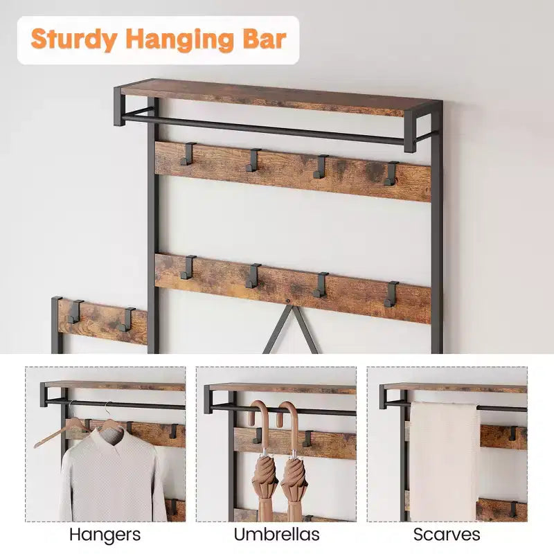 Entryway Shoe Storage Rack with Bench, Coat Rack Hall Tree with 7 Hooks and Storage Shelf, Entryway Coat Rack for Hallway Mudroom Bedroom