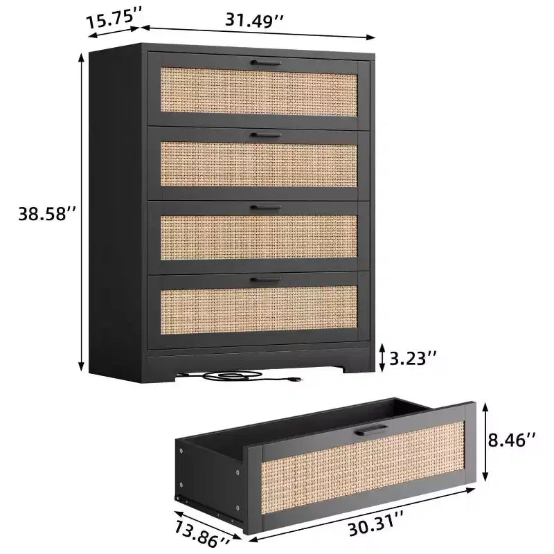 Zstar Modern Tall Rattan 4 Drawer Dresser or Living Room, Hallway, Entryway, Bedroom