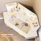 47 Corner Makeup Vanity Desk with Mirror and Light, Wooden Dressing Table with Glass Top & Charging Station, Makeup Vanity Table for Bedroom