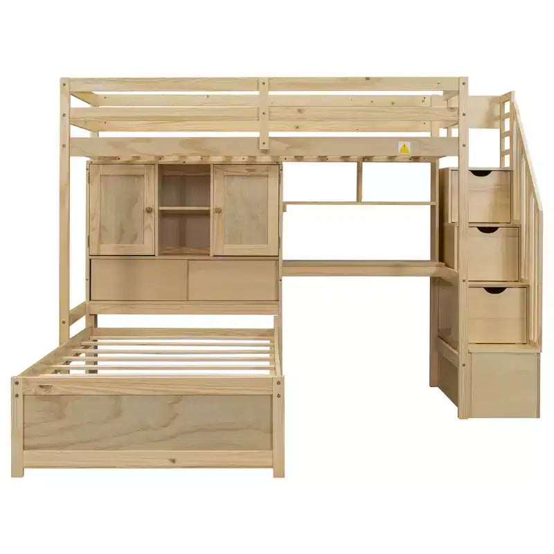 Wood Twin Size Bunk Bed with Desk and Staircase, L-Shaped Twin over Twin Loft Bed with Storage Compartments and Shelves