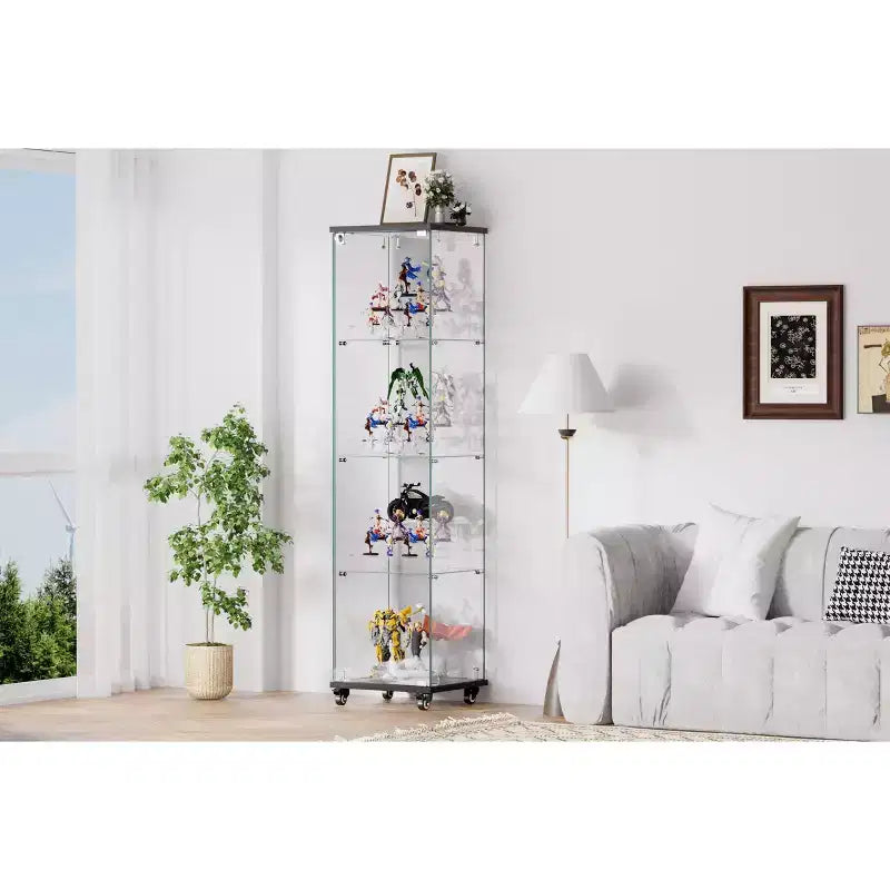 Okak Display Cabinet with Glass Door and Acrylic Shelves, Storage Cabinet with Lock and Wheels, Cabinet for Living Room, Bedroom